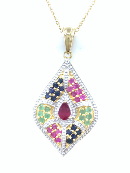 Fascinating 14k Gold Emerald Ruby and Sapphire Pendant