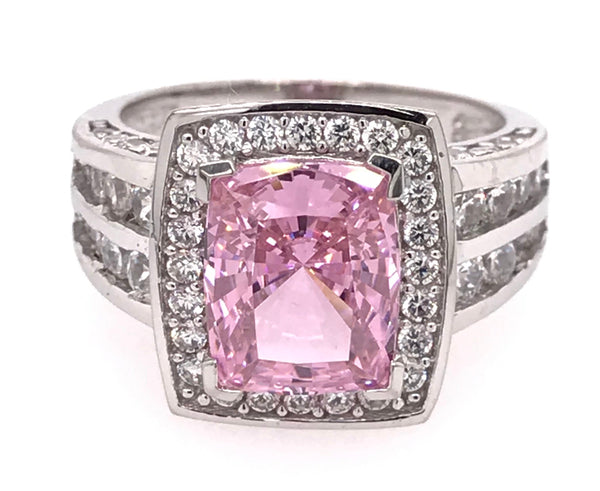 Halo Emerald Cut Pink and White Ring